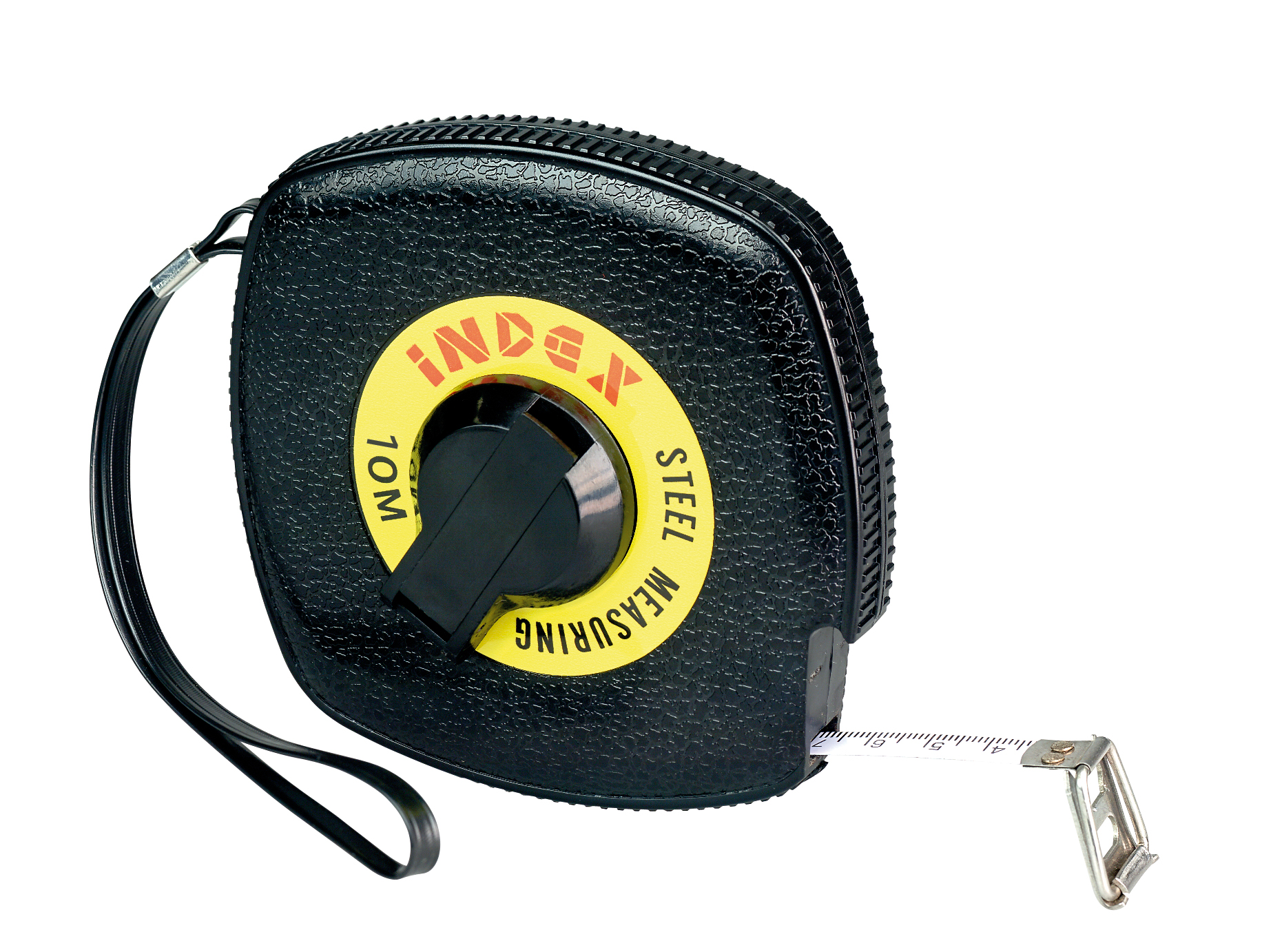 Långt professionellt målebånd, sort plasthulje med handlovsrem, vitlakeret stålband med mm-gradering, upplindningshåndtag, 15 m, bandbredd 9,5 mm, EC klasse II