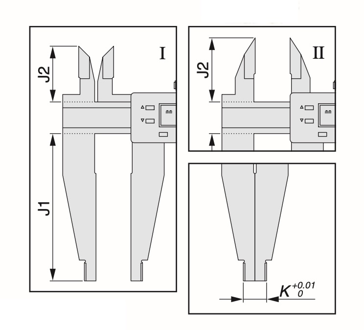 med främre mätskänklar 250 mm för utvändig mätning och bakre mätskänklar 60 mm för invändig mätning